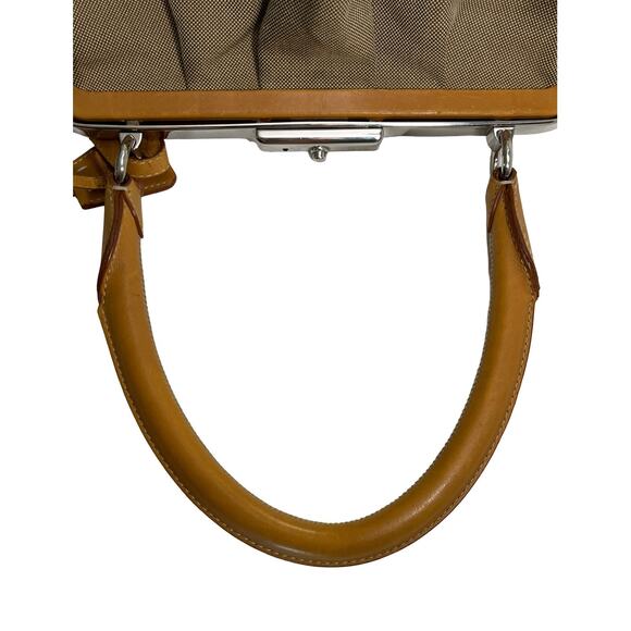 Prada Canapa Jacquard Canvas & Leather Frame Satchel Tote Bag Brown Tan Vintage - Picture 5 of 16